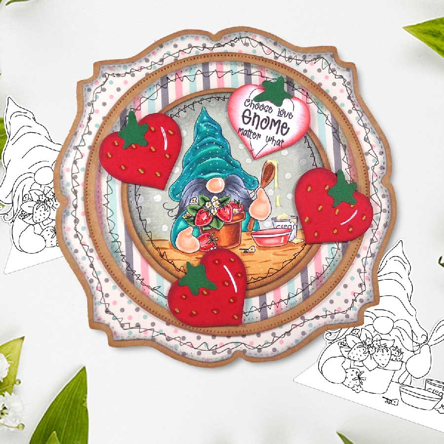 Gnometastic Strawberry Dream - light skin PRECOLOURED digital stamp printable download with free SVG /DXF file included
