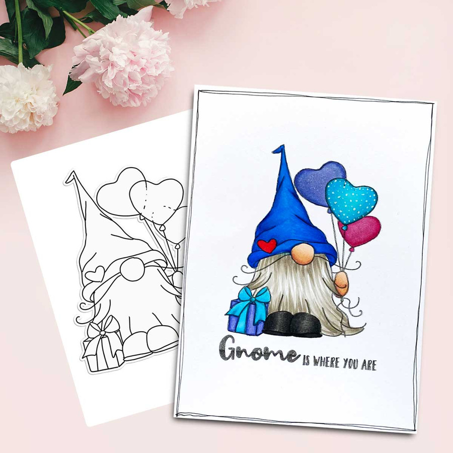 Gnometastic Celebration Balloons - light skin PRECOLOURED digital stamp printable download with free SVG /DXF file included