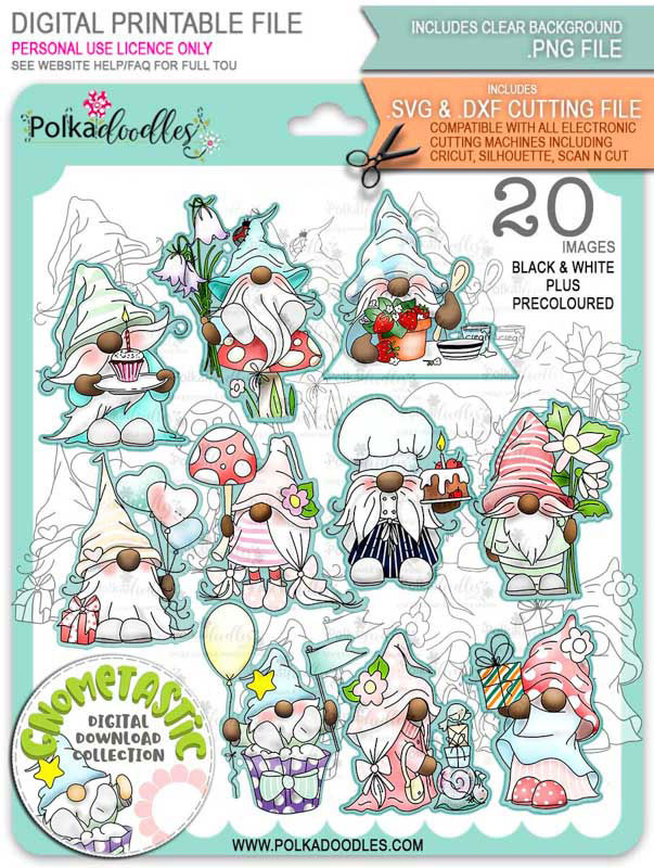 Gnome-tastic - 10 Digital Stamps & 10 deep skin PRECOLOURED printable downloads with free SVG /DXF files