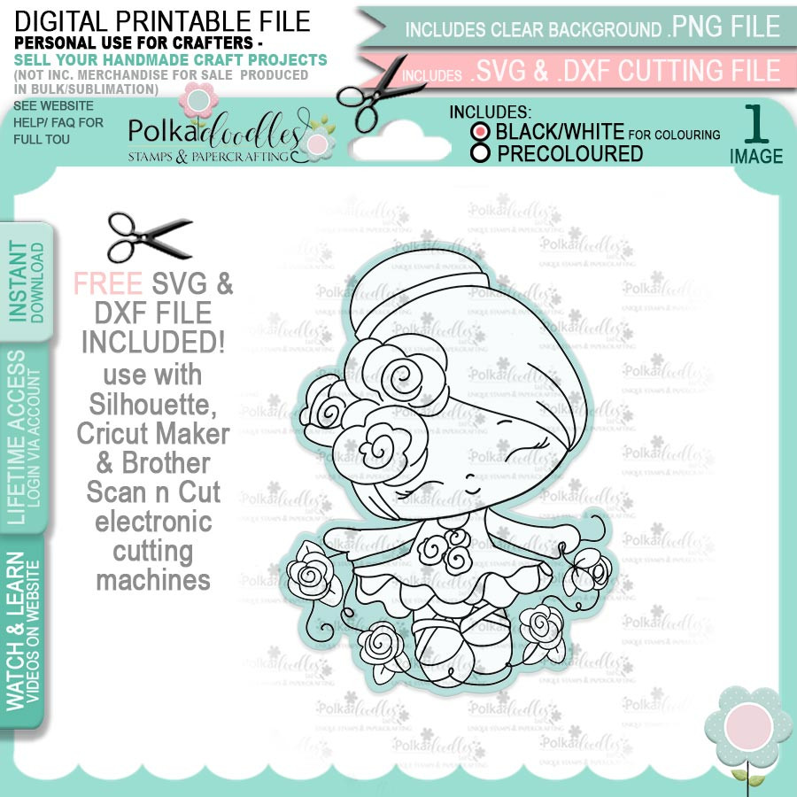 Dancing Queen - Honeypie (black & white digi stamp)- printable downloads with free SVG /DXF files