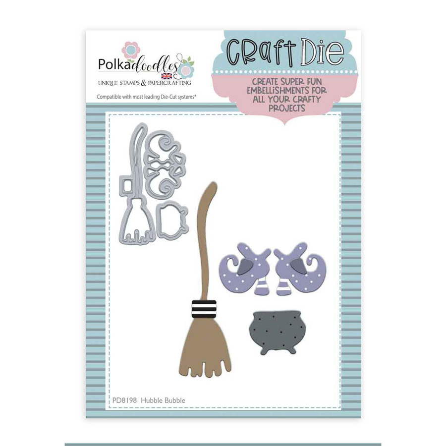 Hubble Bubble cute broomstick, cauldron and Witches shoes Halloween craft cutting die set for card making, crafts, scrapbooking