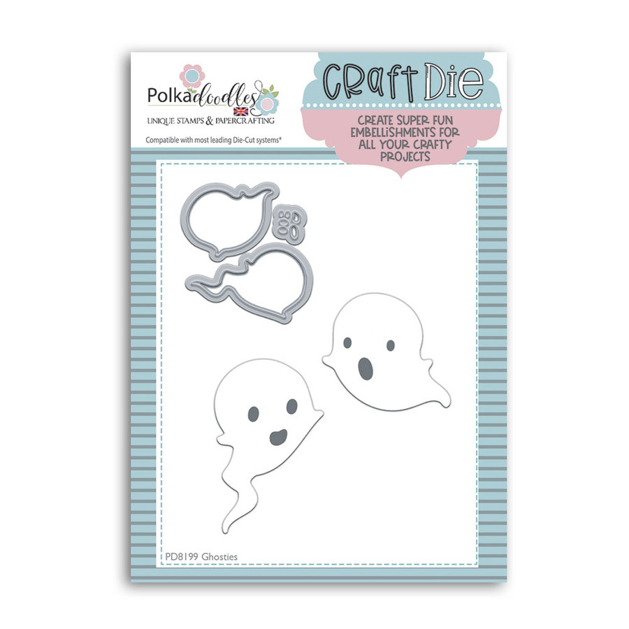 Cute Ghost Halloween craft cutting die set for card making, scrapbooking, crafts. This great die features 2 super cute Halloween ghosts - perfect for all those spooky craft projects! Dies measure approx 2"