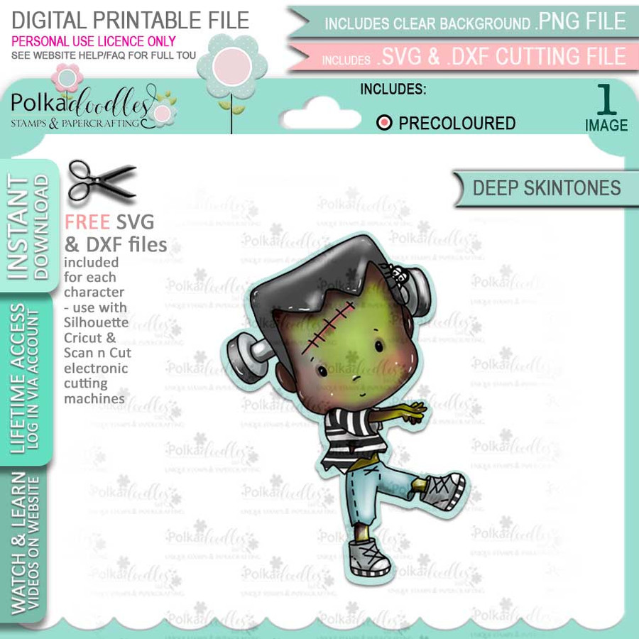 Boo Halloween Frankenstein monster (precolored deep skintones)- printable digital stamp download with free SVG /DXF files