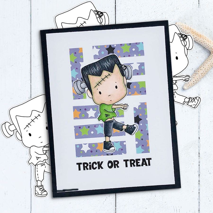 Boo Halloween Frankenstein monster (precolored deep skintones)- printable digital stamp download with free SVG /DXF files
