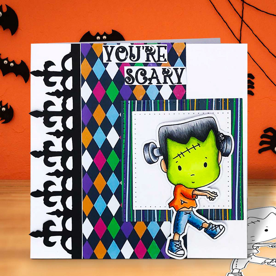 Boo Halloween Frankenstein monster (precolored deep skintones)- printable digital stamp download with free SVG /DXF files