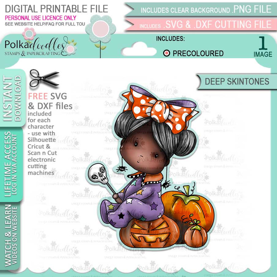 Pumpkin Boo Halloween (precolored deep skintones)- printable digital stamp download with free SVG /DXF files