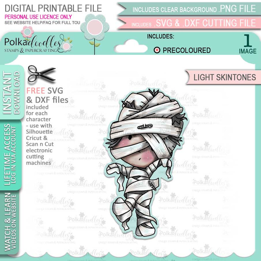 Mummy Boo Halloween (precolored light skintones)- printable digital stamp download with free SVG /DXF files