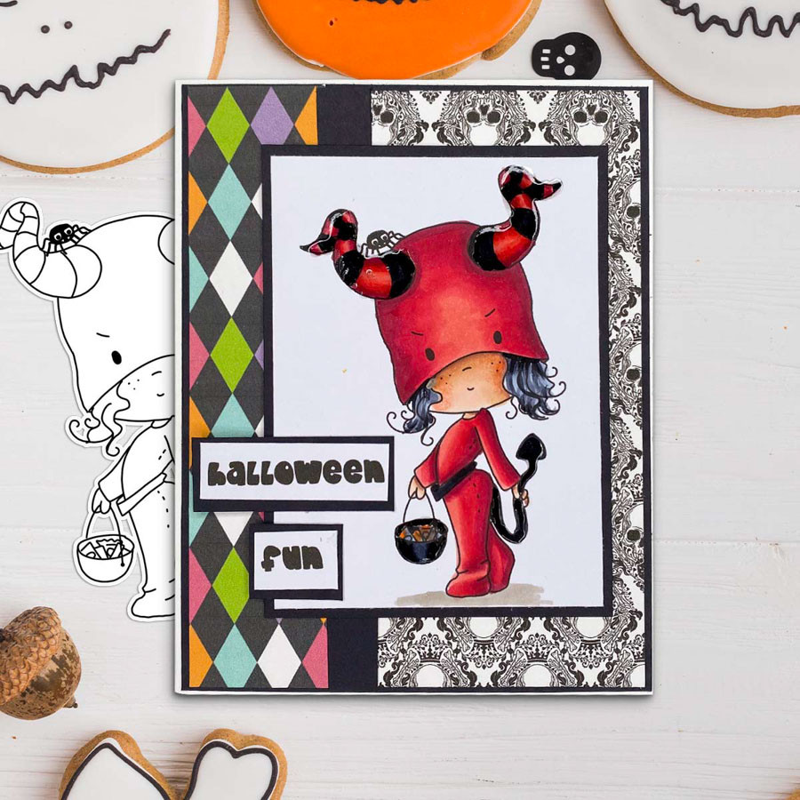 Cute Little Devil Boo Halloween (precolored deep skintones)- printable digital stamp download with free SVG /DXF files