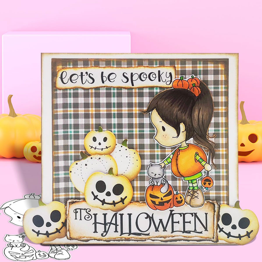 Spooky Kitty Cat Pumpkin Boo Halloween - printable digital stamp download with free SVG /DXF files