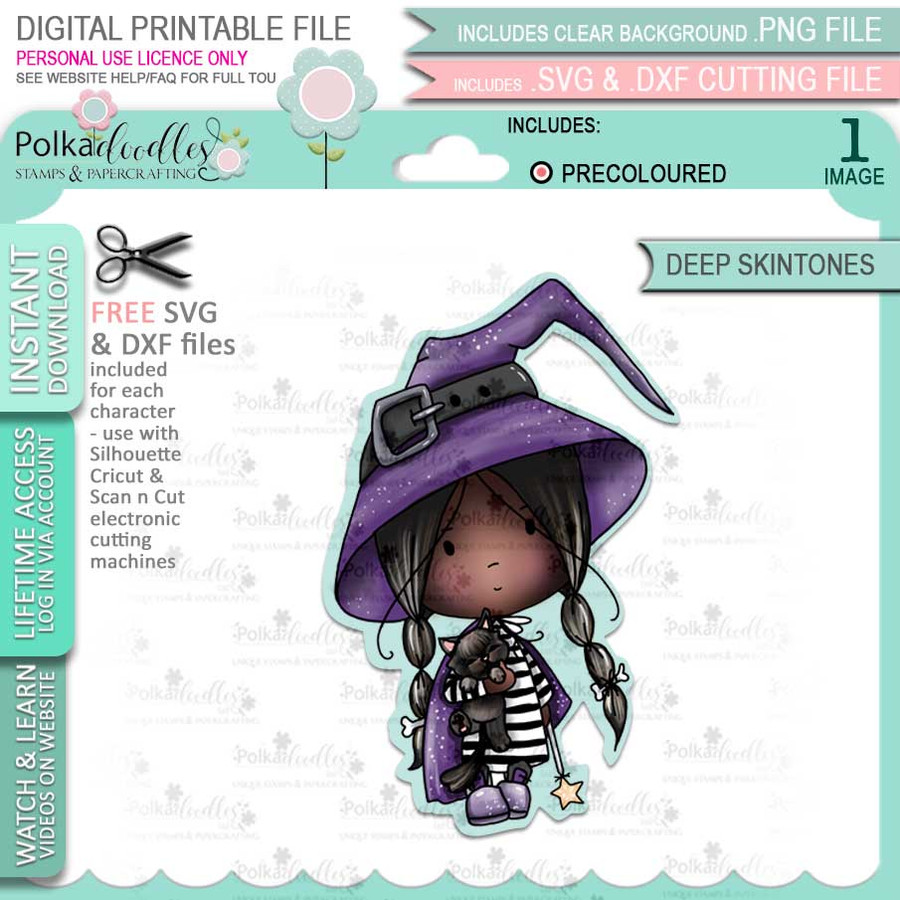 Little Witch Halloween (precolored deep skintones)- printable digital stamp download with free SVG /DXF files