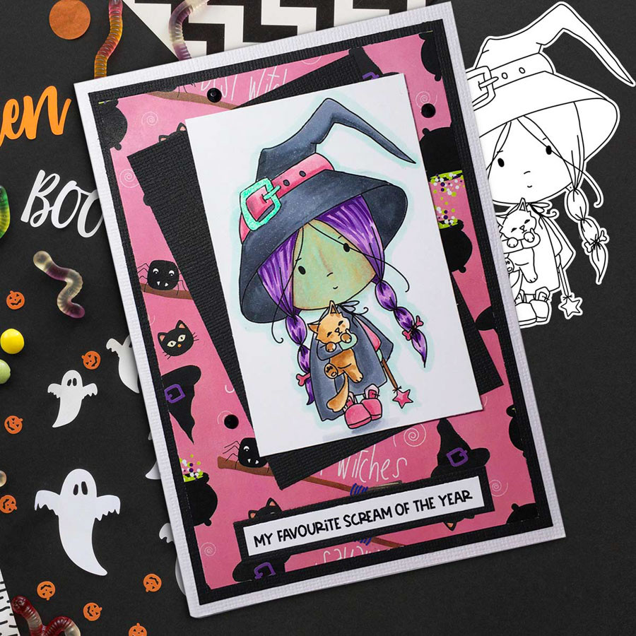 Cute Little Witch Boo Halloween - printable digital stamp download with free SVG /DXF files