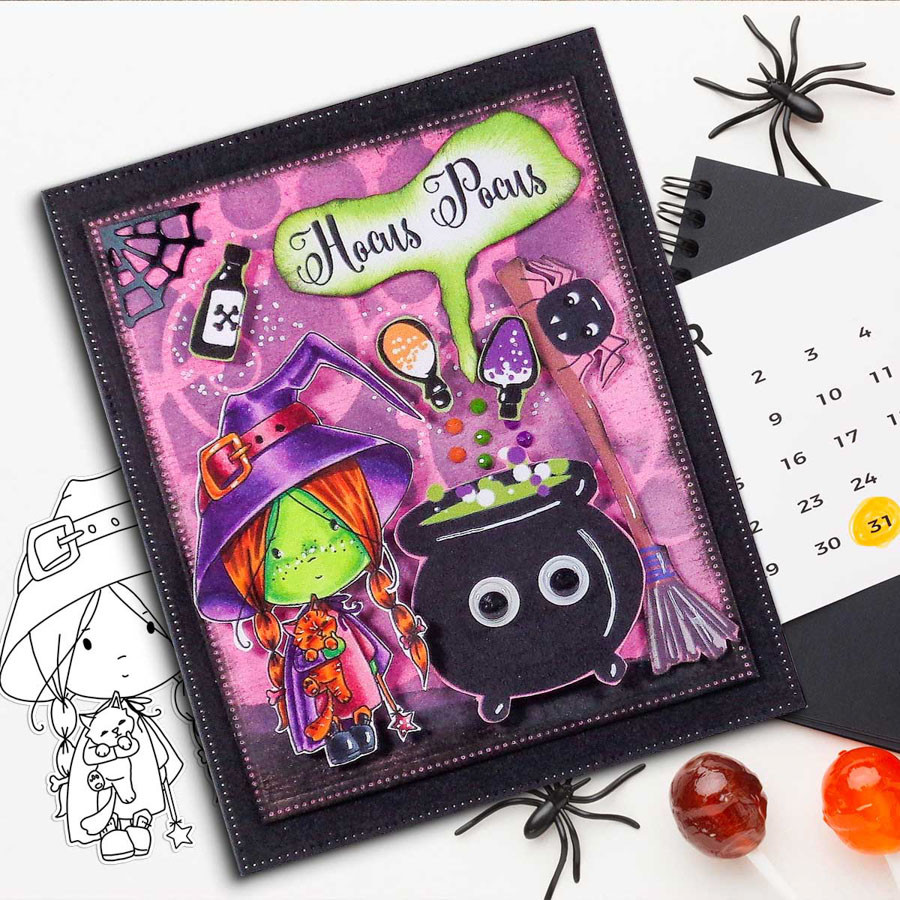 Cute Little Witch Boo Halloween - printable digital stamp download with free SVG /DXF files