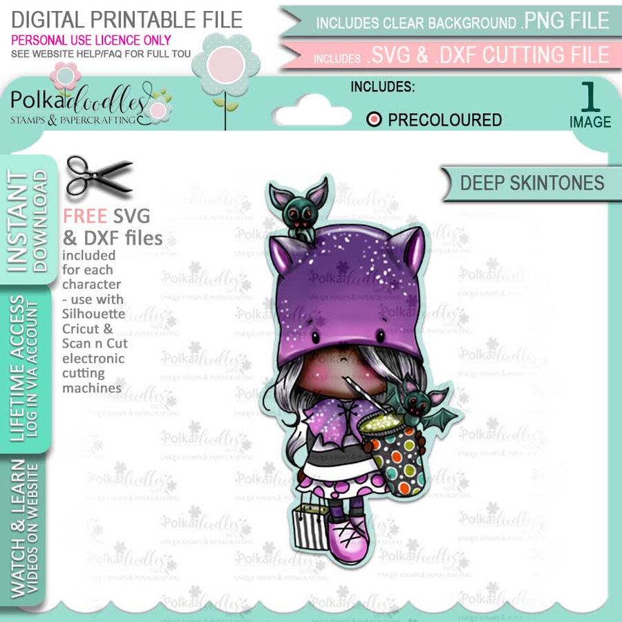Bat Girl Halloween (precolored deep skintones)- printable digital stamp download with free SVG /DXF files