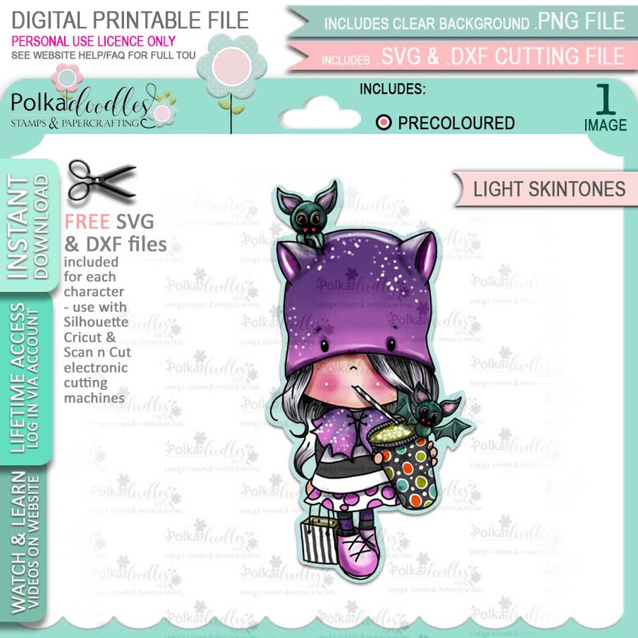 Bat Girl Halloween (precolored light skintones)- printable digital stamp download with free SVG /DXF files