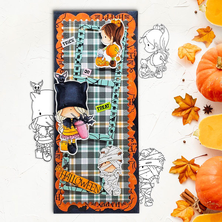 Bat Girl Boo Halloween - printable digital stamp download with free SVG /DXF files