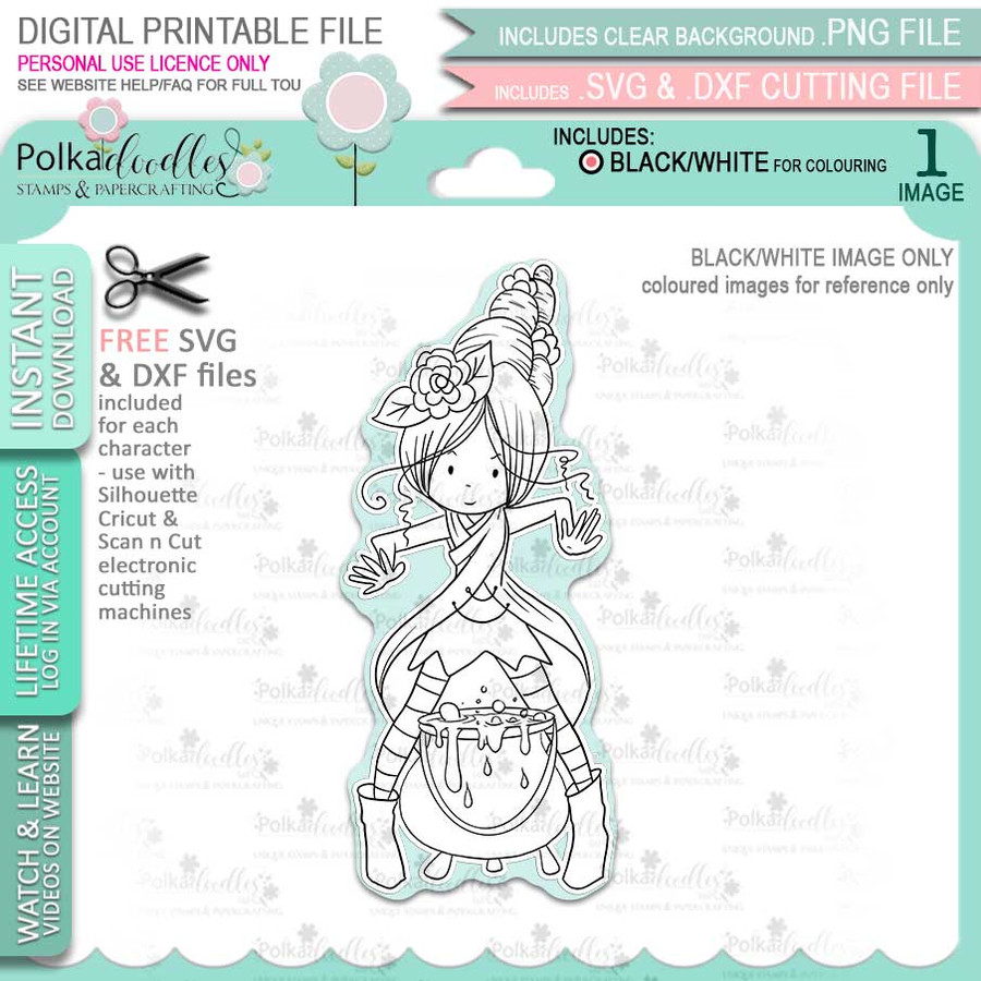 Willa Witch Halloween - printable digital stamp download with free SVG /DXF files