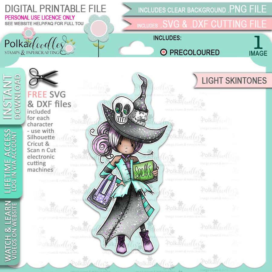 Ravella Witch Halloween (precolored light skintones)- printable digital stamp download with free SVG /DXF files