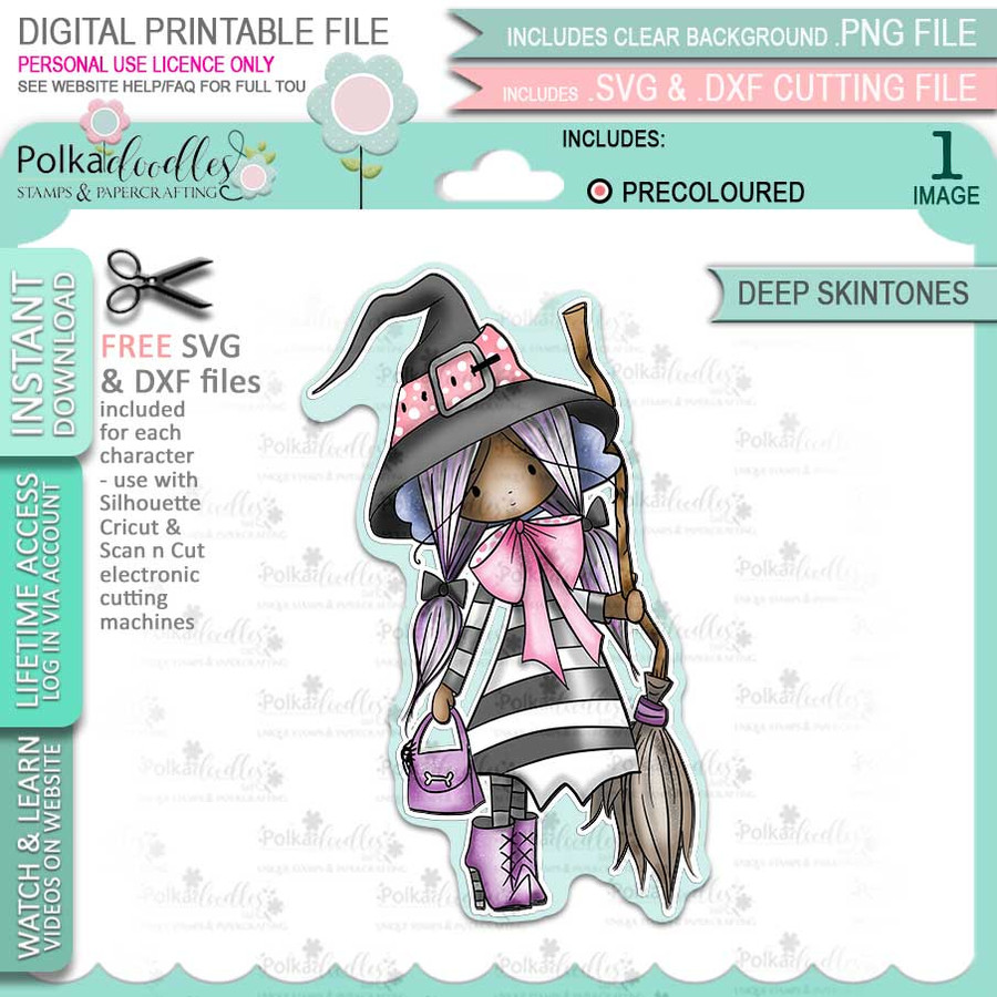 Matilda Witch cute Halloween (precolored deep skintones)- printable digital stamp download with free SVG /DXF files