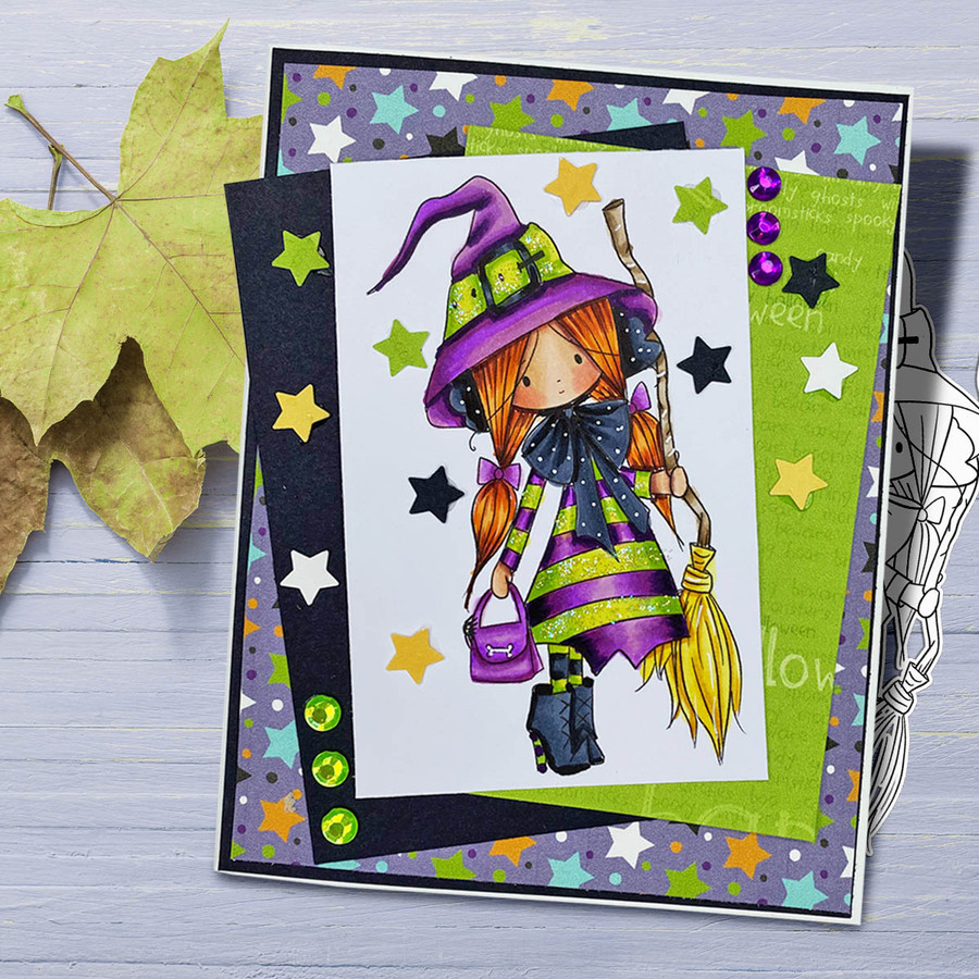Matilda Witch cute Halloween (precolored deep skintones)- printable digital stamp download with free SVG /DXF files