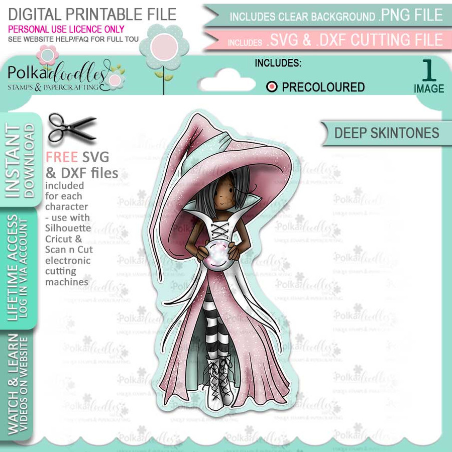 Cordelia Witch cute Halloween (precolored deep skintones)- printable digital stamp download with free SVG /DXF files