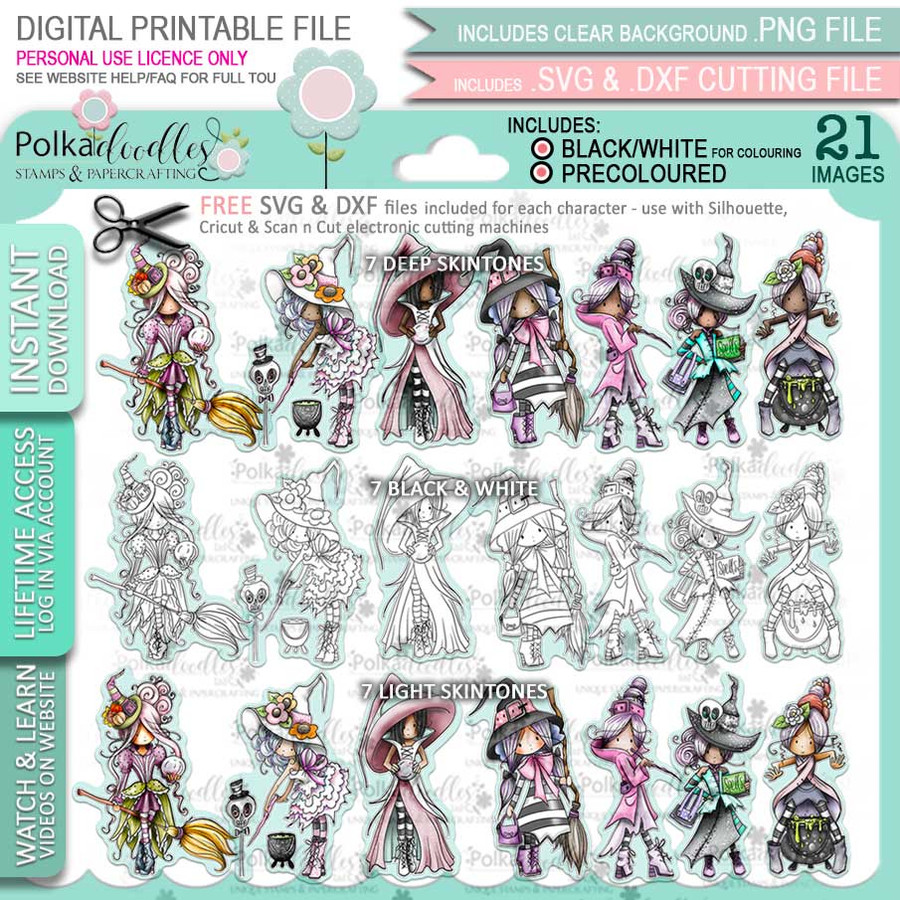Spellbinding Witches Big Kahuna bundle - printable digital stamp downloads with free SVG /DXF files, papers and greetings
