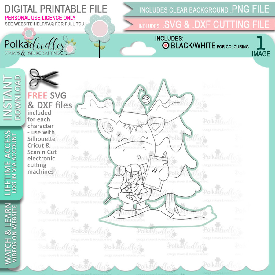 Carol Singing - Elvis Wesley Moose - printable craft digital stamp download with free SVG /DXF files