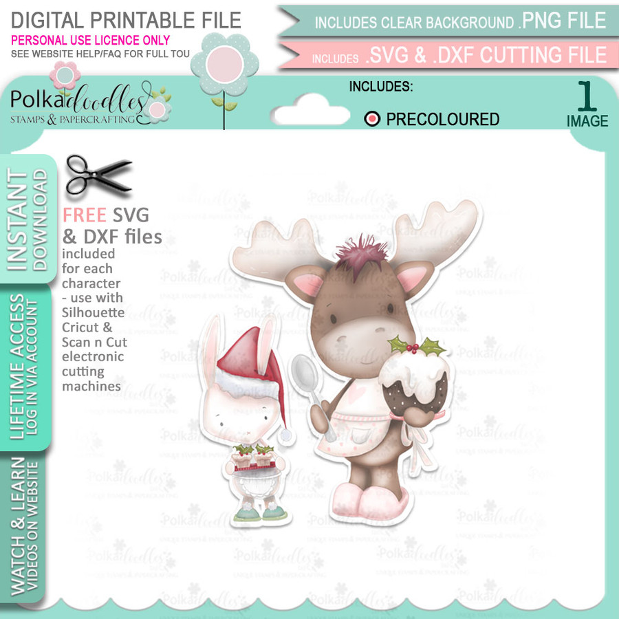 Christmas Baking (precoloured) Elvis Wesley Moose - printable craft digital stamp download with free SVG /DXF files