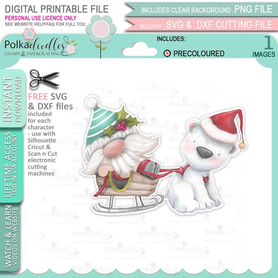 Polar Bear (precoloured) Gnome Festive Fun - printable craft digital stamp download with free SVG /DXF files