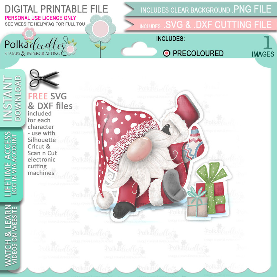 Put Your Boots On (precoloured) Gnome Festive Fun - printable craft digital stamp download with free SVG /DXF files