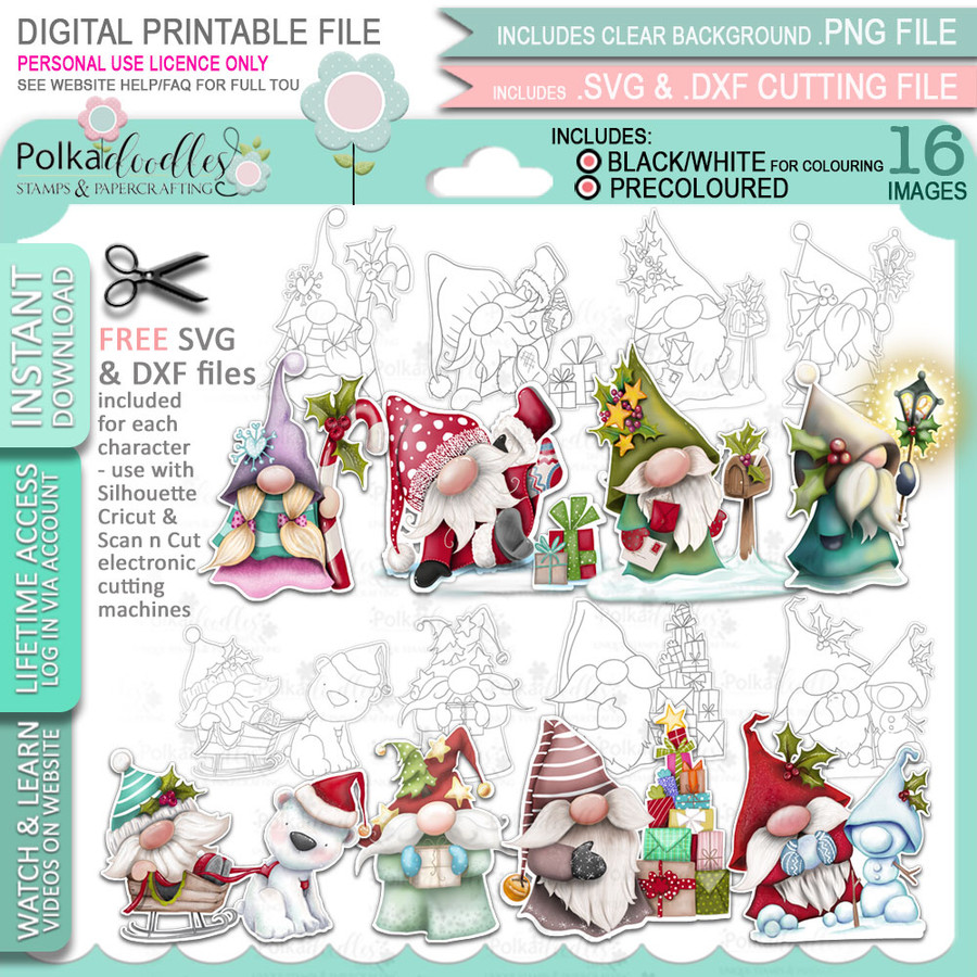 Gnome Festive Fun Big Bundle - printable craft digital stamp download with free SVG /DXF files