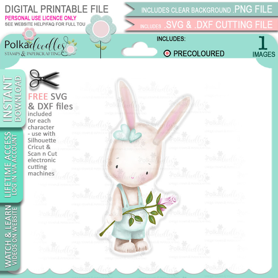 Rose Bunny (precoloured) Love Always printable craft digital stamp download with free SVG /DXF files