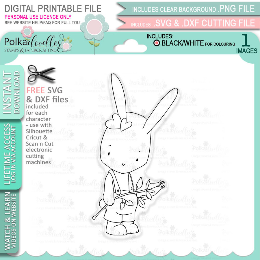Rose Bunny - Love Always printable craft digital stamp download with free SVG /DXF files