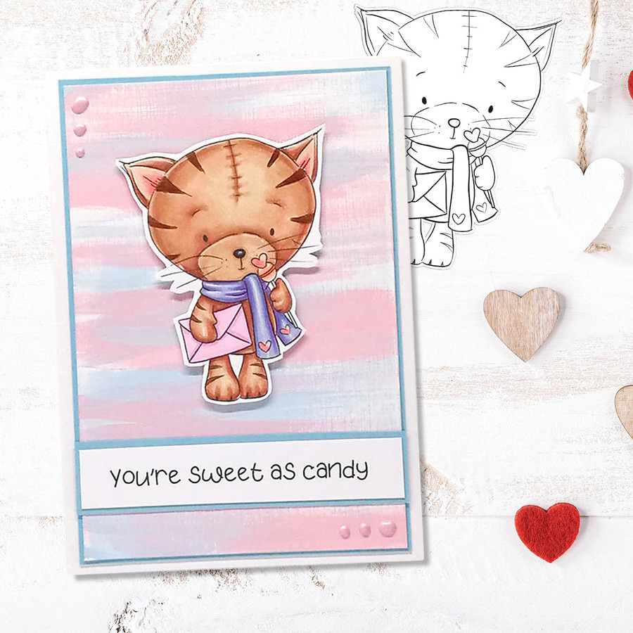 Suki Cat/Kitten with Mail & Lollipop (precoloured 2) - Too Cute printable craft digital stamp download with free SVG /DXF files