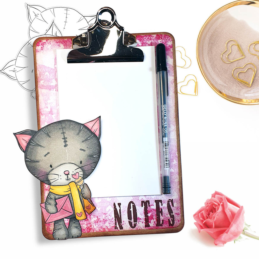 Suki Cat/Kitten with Mail & Lollipop (precoloured 2) - Too Cute printable craft digital stamp download with free SVG /DXF files