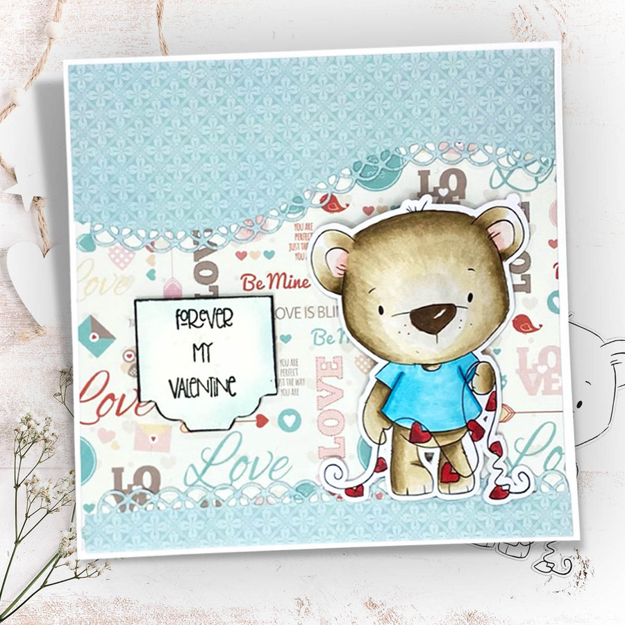 Bobby Bear with Heart Bunting - Too Cute printable craft digital stamp download with free SVG /DXF files