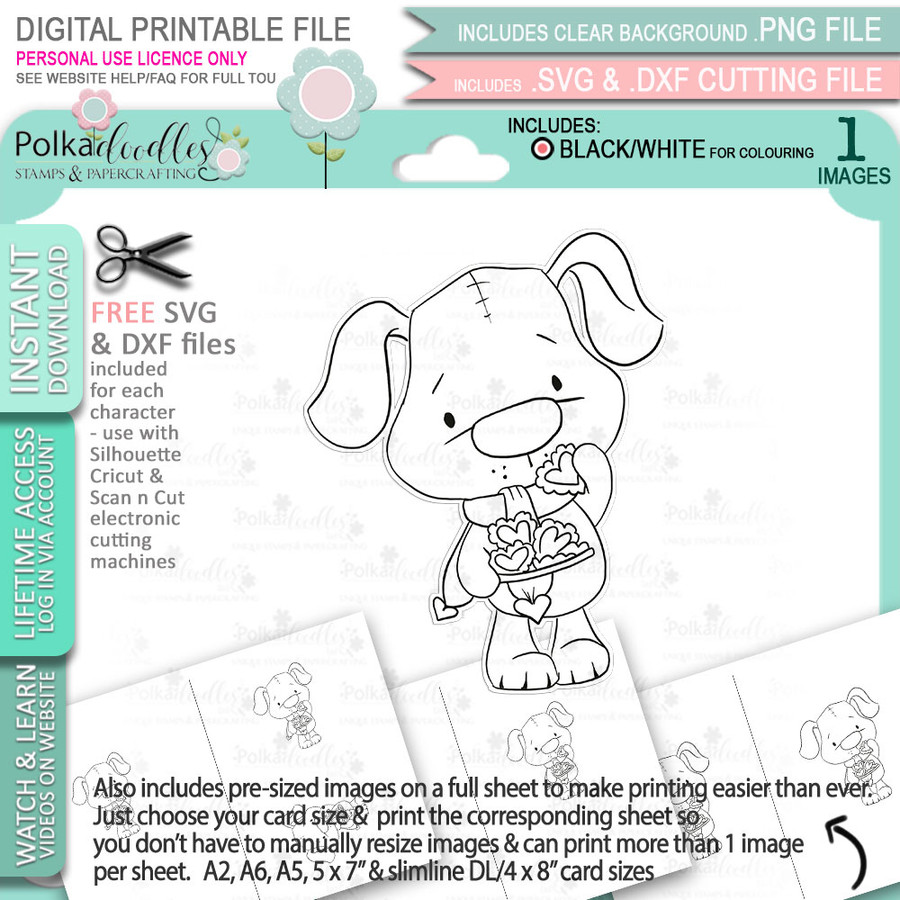 Scruff dog puppy with Heart Cookies - Too Cute printable craft digital stamp download with free SVG /DXF files