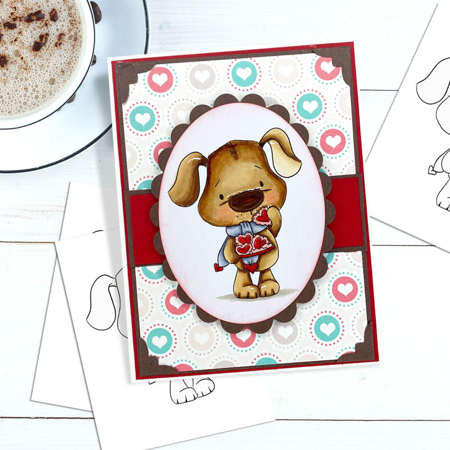 Scruff Dog with Heart Cookies (precoloured 4 ) - Too Cute printable craft digital stamp download with free SVG /DXF files