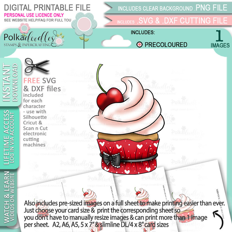 Cherry Cream Cupcake (precoloured) - Too Cute printable craft digital stamp download with free SVG /DXF files