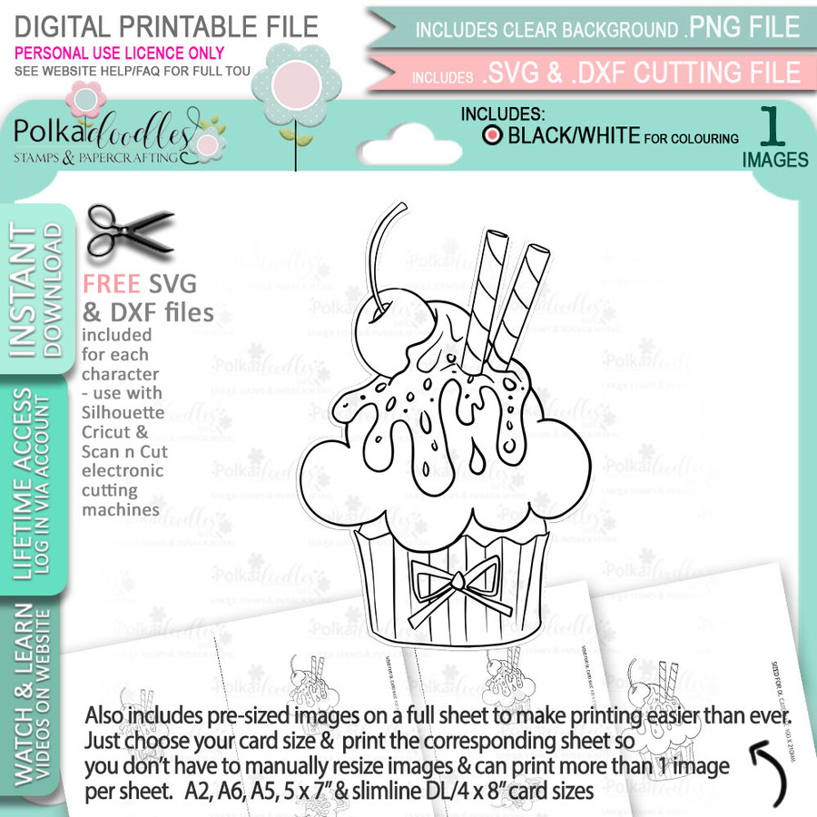 Cherry Chocolate Sundae Cupcake - printable craft digital stamp download with free SVG /DXF files
