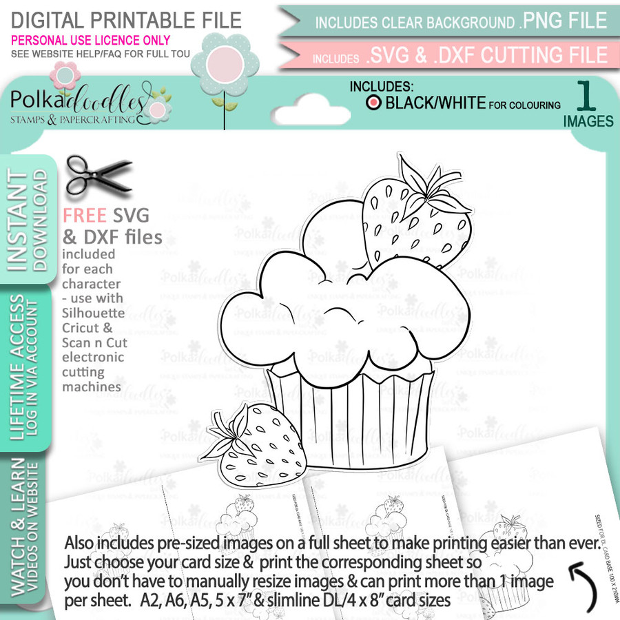 Strawberry Cream Cupcake - printable craft digital stamp download with free SVG /DXF files
