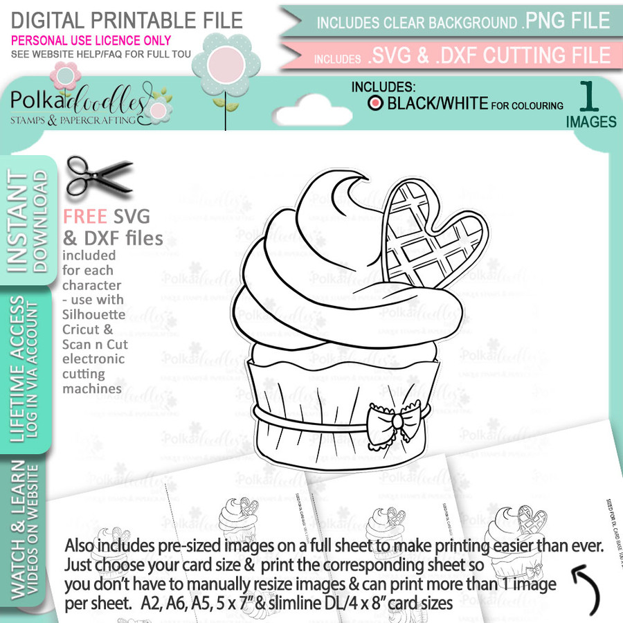 Waffle Cream Cupcake - printable craft digital stamp download with free SVG /DXF files