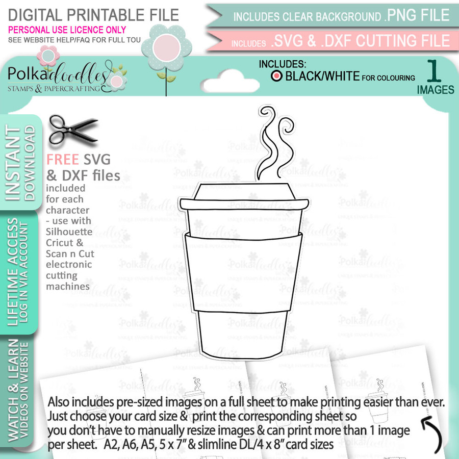 Mocha Coffee Cup - printable craft digital stamp download with free SVG /DXF files