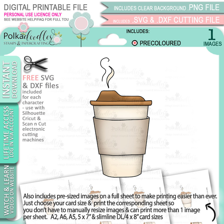 Latte Coffee cup (precoloured) - printable craft digital stamp download with free SVG /DXF files