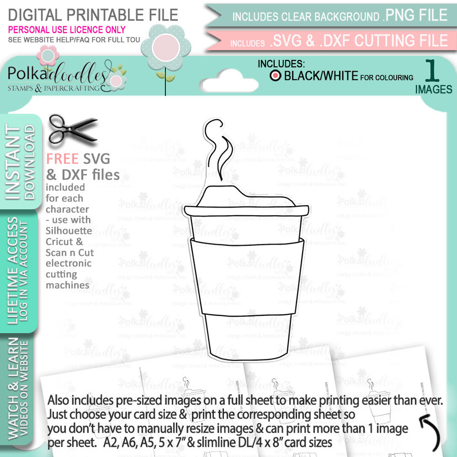Latte Coffee Cup - printable craft digital stamp download with free SVG /DXF files