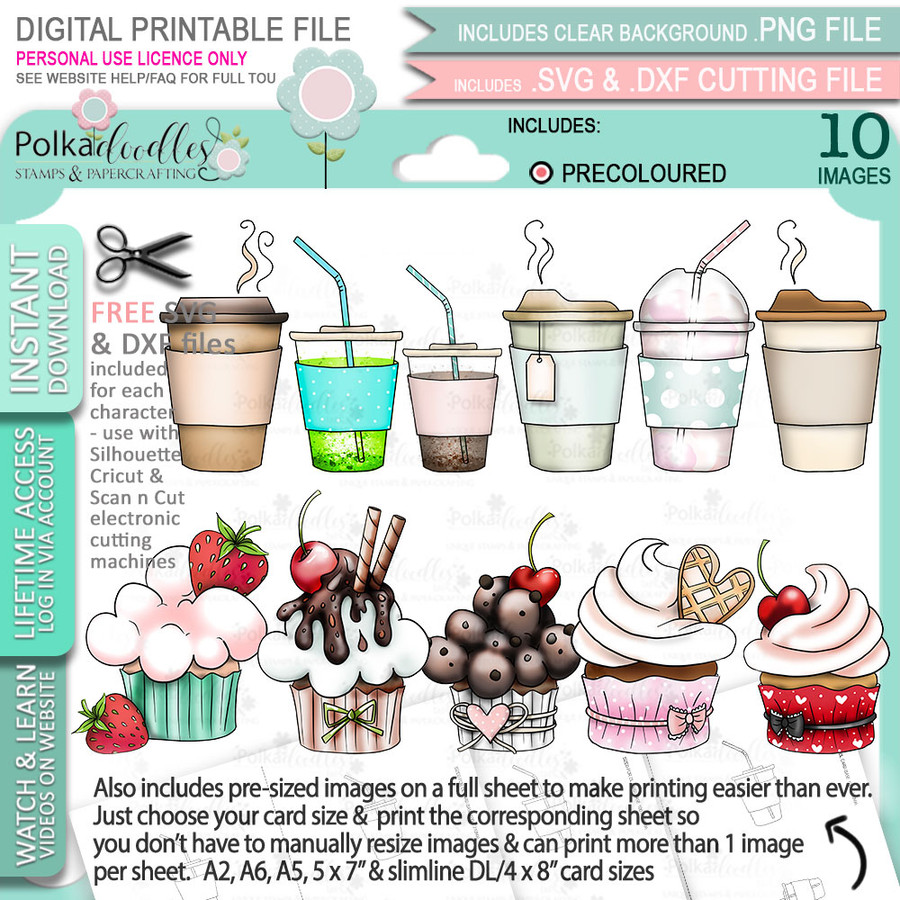 Coffee and Cake (precoloured) printable craft digital stamp download bundle with free SVG /DXF files