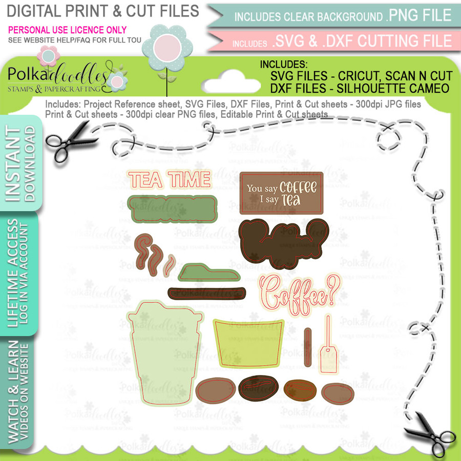Tea and Coffee SVG & DXF Print & Cut Files - printable download bundle