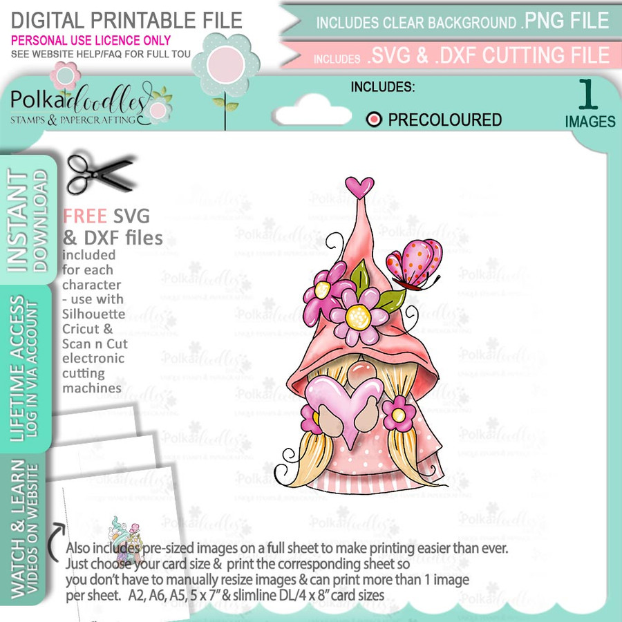 Daisy Heart Gnome (precoloured) - printable craft digital stamp download with free SVG /DXF files