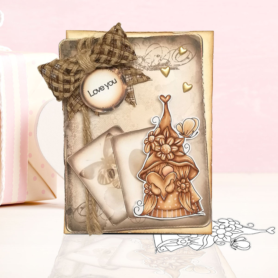 Daisy Heart Gnome - printable cardmaking digital stamp download with free SVG /DXF files