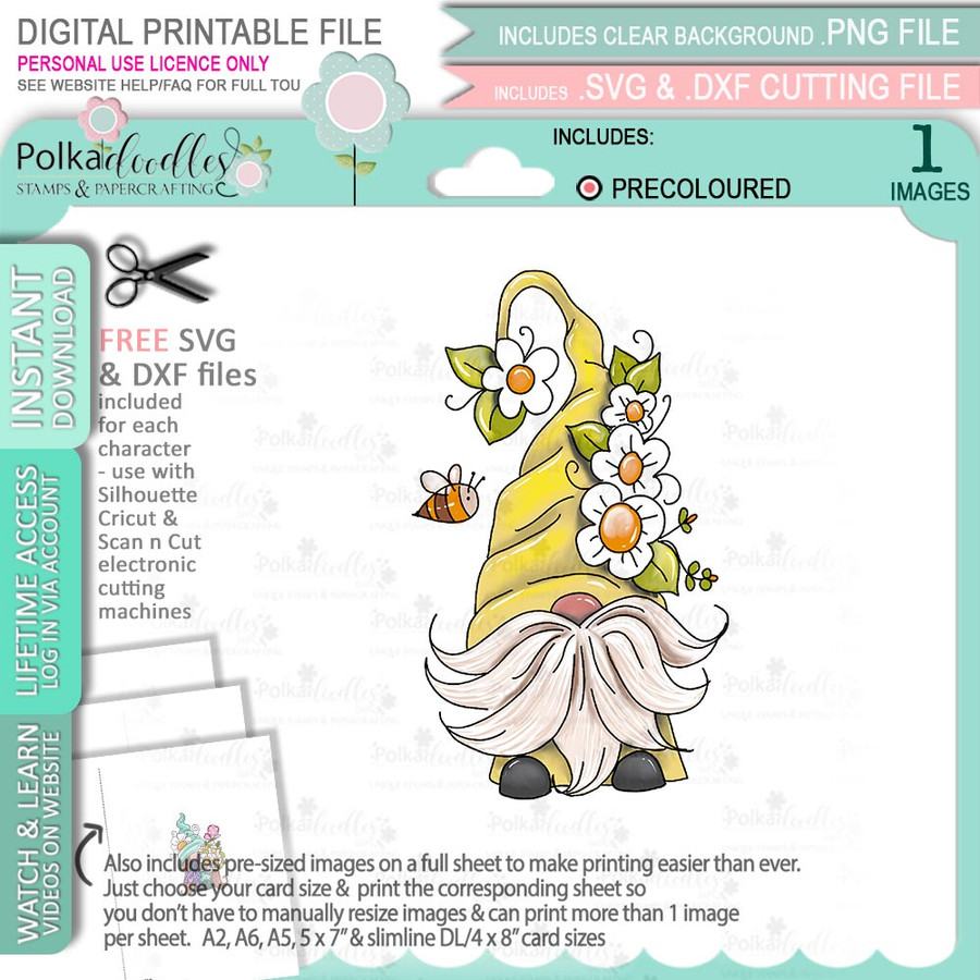 Spring Flowers Gnome (precoloured) - printable craft digital stamp download with free SVG /DXF files