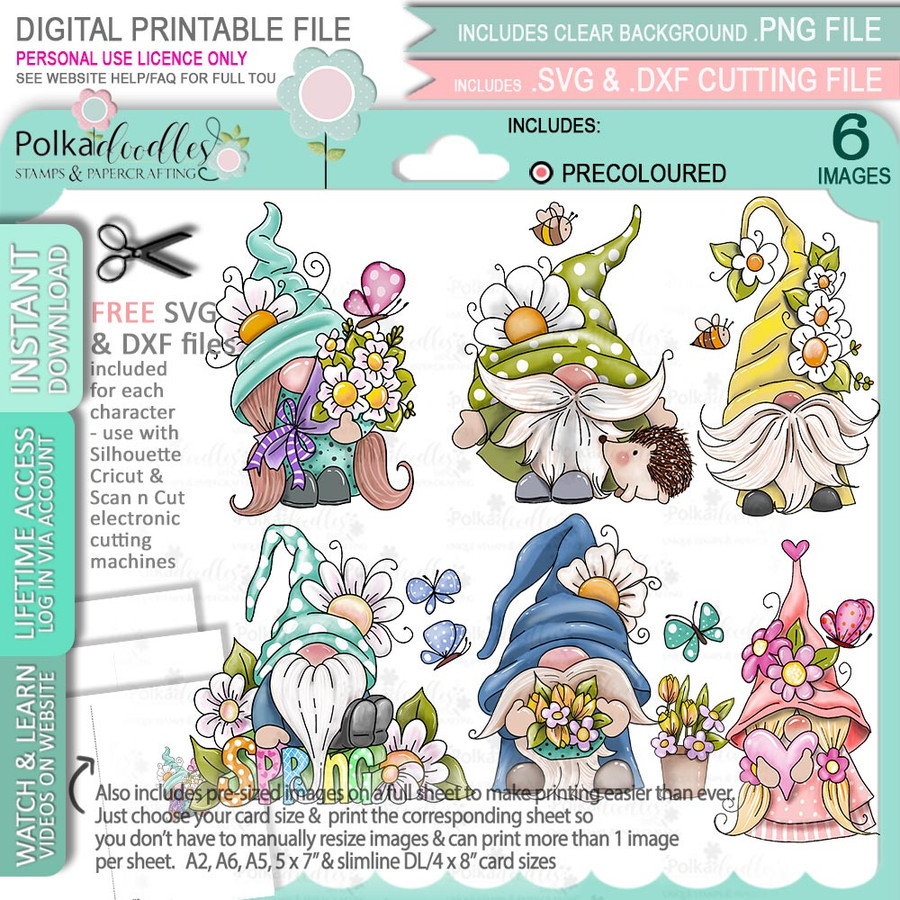 Spring Gnomes (precoloured) printable craft digital stamp download bundle with free SVG /DXF files